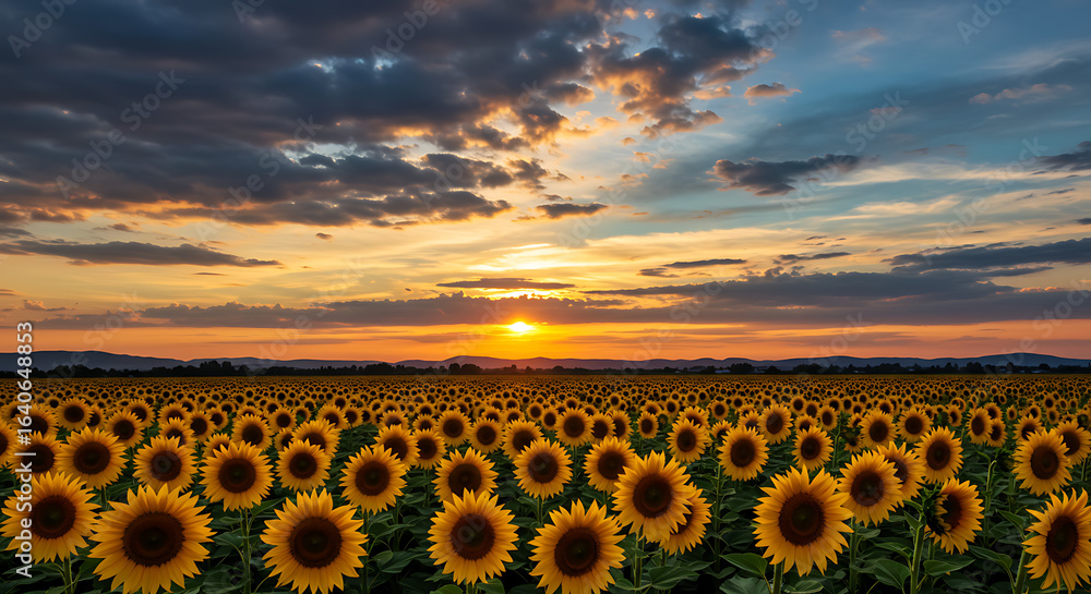 Fototapeta premium Breathtaking sunflower field under a vibrant sunset sky