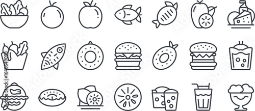 Collection of hand drawn food and drink icons representing healthy and unhealthy meal choices