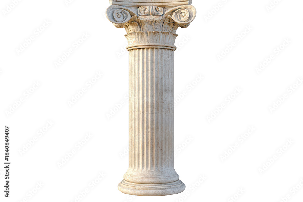 Fototapeta premium Doric column featuring fluted design and scroll capitals isolated against a transparent background for architectural studies and design purposes