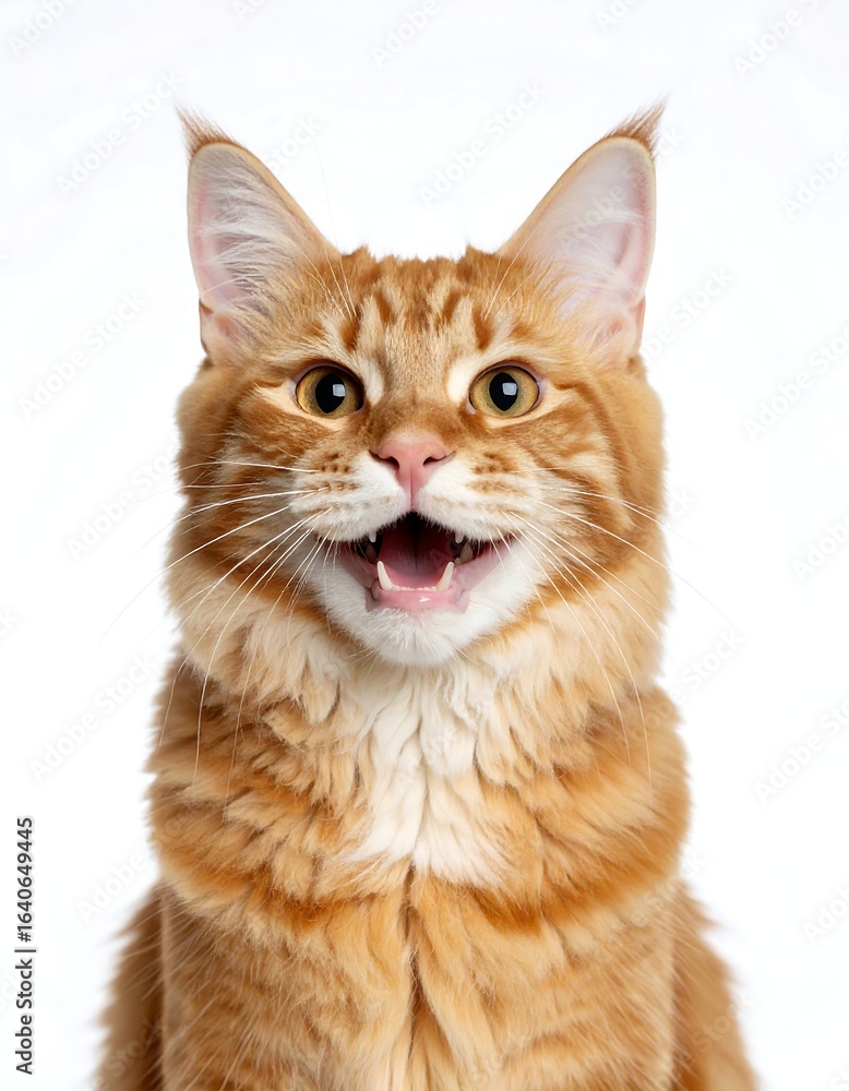 Obraz premium A cheerful ginger cat with mouth open, looking directly at the camera against a white background