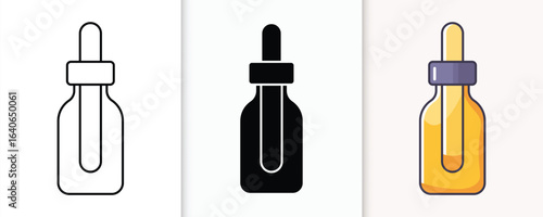 Three essential oil dropper bottle designs a line drawing a silhouette and a colored representation