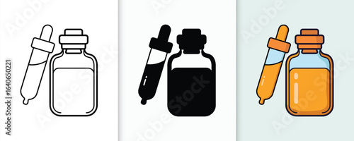 Essential oil dropper bottle three styles outline solid color and realistic rendering