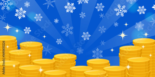 雪の結晶と積み上がったコインの背景_ベクターイラスト

