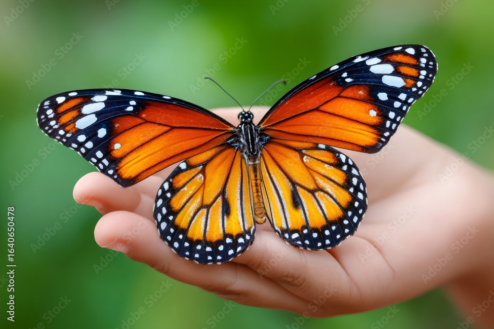 Fototapeta premium Beautiful butterfly gently resting on child's hand in nature