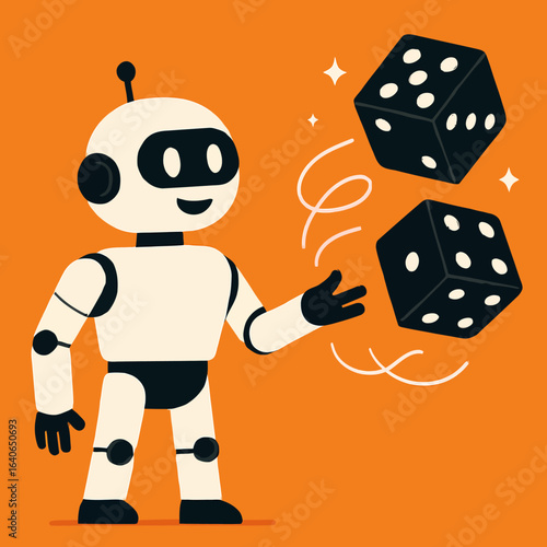 Vector art of cartoon robot throwing dice with sparks on orange background, vector illustration