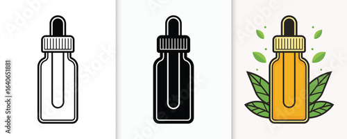 Essential oil bottle with dropper three styles isolated simple elegant natural healing