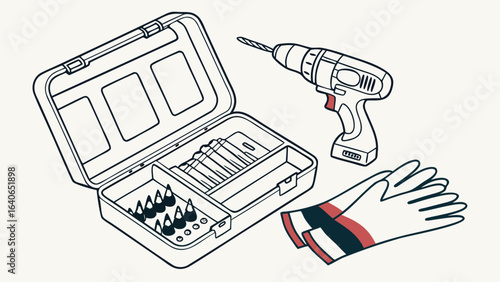 drill, drill bits in a case, and gloves laid out on a white background surface