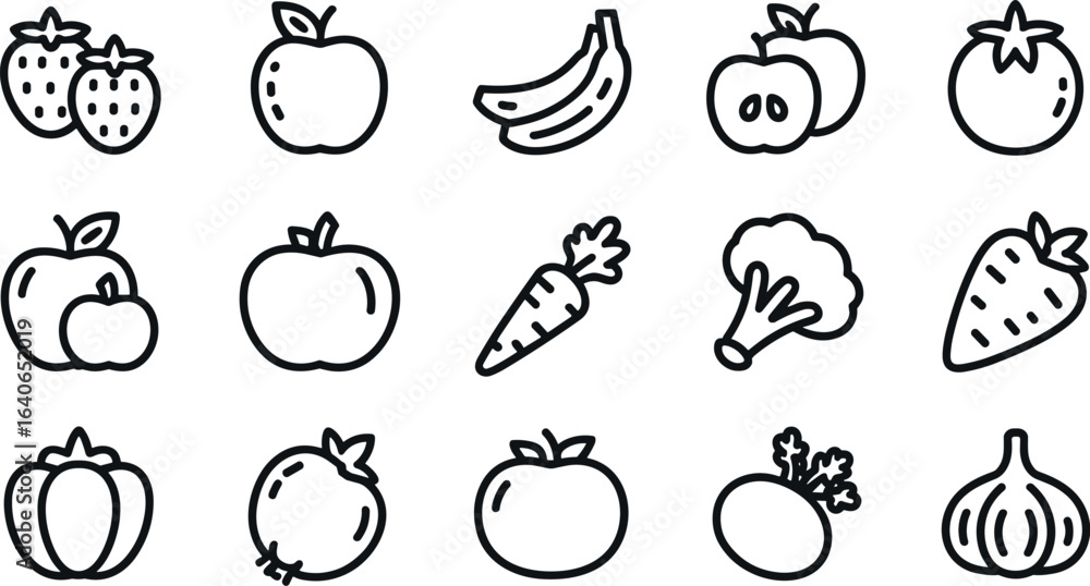 Fototapeta premium A whimsical collection of hand drawn fruits and vegetables in a simple outline style