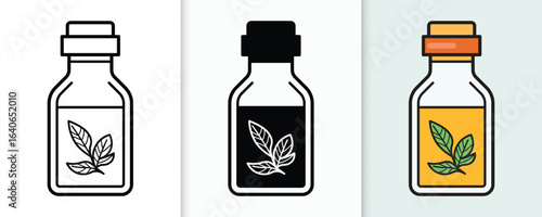 Essential oil bottle with leaves collection three variations of herbal remedy container styles