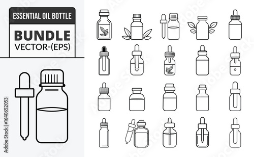 Collection of hand drawn essential oil bottles and dropper with labels for aromatherapy and wellness
