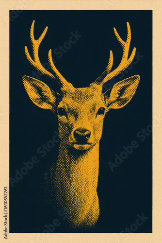 Digital artwork showcases a striking contrast between a golden stag and a dark backdrop, emphasized with a halftone texture.