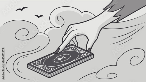 Mysterious hand reveals a tarot card amidst swirling clouds and distant birds hinting at destiny and the unknown