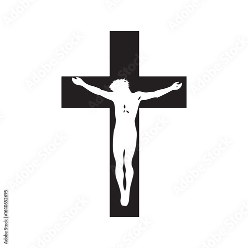 Crucifix icon with Jesus Christ on the cross. Black and white silhouette, symbol of the crucifixion, faith, and salvation.
