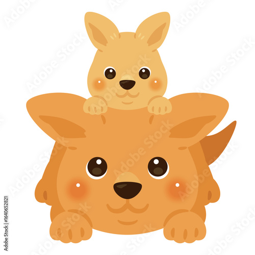 うつ伏せになった親子カンガルーのイラスト