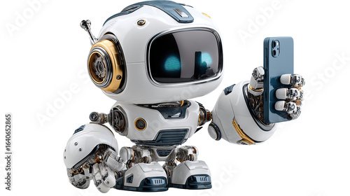 Friendly Robot Selfie: A cute, technologically advanced robot takes a selfie using a sleek smartphone, showcasing futuristic design and connectivity.