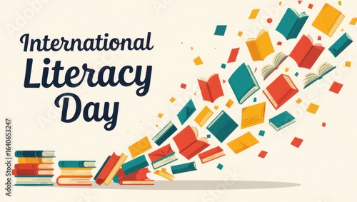 International literacy day celebration with books and colorful design elements