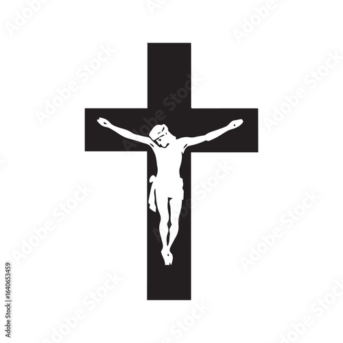 Crucifix icon with Jesus Christ on the cross. Black and white silhouette, symbol of the crucifixion, faith, and salvation.
