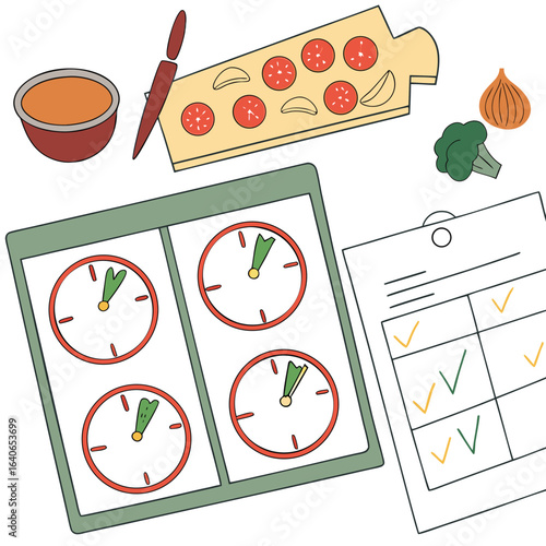 Visual representation of a cooking schedule with timers and a checklist alongside ingredients like tomatoes garlic onion and broccoli suggesting meal preparation organization