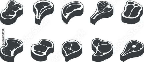 An illustrative guide showcasing various cuts of beef steaks with distinct marbling and bone patterns