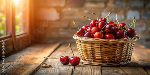 Sunlit Rustic Still Life A Wicker Basket Overflowing with Fresh, Ripe Cherries and Strawberries on a Weathered Wooden Surface