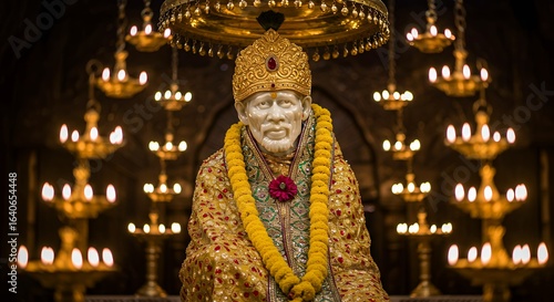 Golden Sai Baba Statue with Warm Candlelight