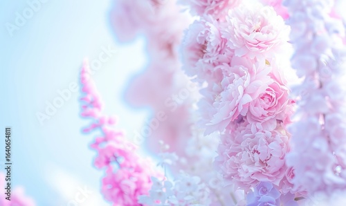 Soft pastel floral background with pink purple and white flowers arrangement