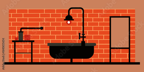 Industrial style bathroom with exposed brick and metal accents