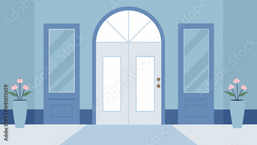 Light airy entry hall with glass double doors and chandelier