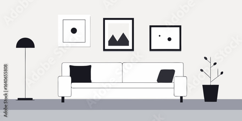 minimalist gallery wall living room with white sofa