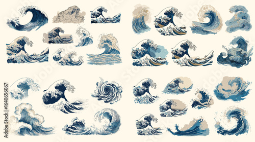 Traditional Japanese wave illustration set inspired by ukiyo-e art, showcasing ocean waves in dynamic motion, perfect for cultural and marine design projects.