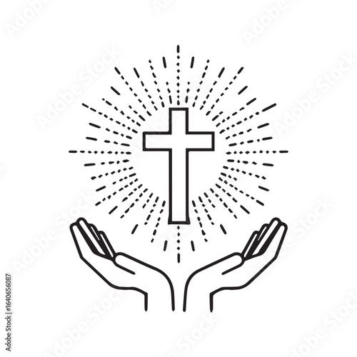 Christian cross in hands line icon. Religious symbol of faith, prayer, and salvation. God's grace and worship concept vector illustration.

