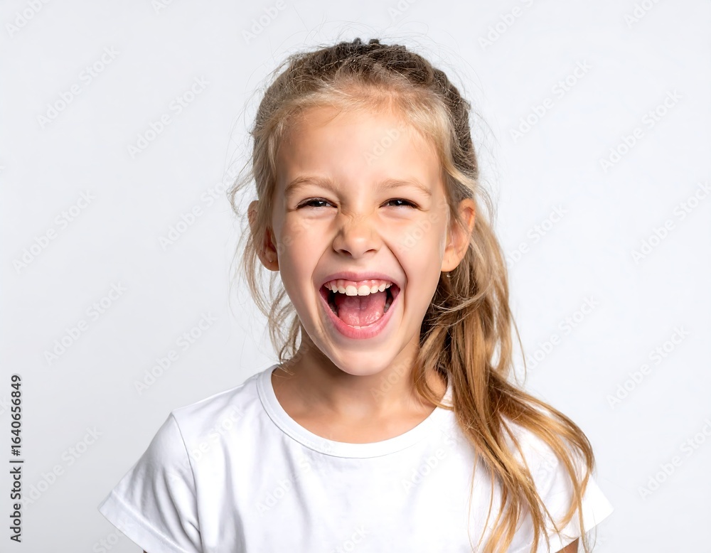 Fototapeta premium A joyful young girl with blonde hair laughs broadly against a plain white background