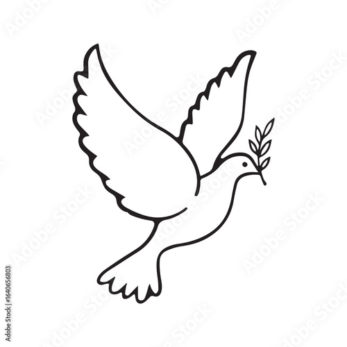 Dove of peace flying with an olive branch. Christian symbol of the Holy Spirit and hope. Black and white line art vector illustration, coloring page.
