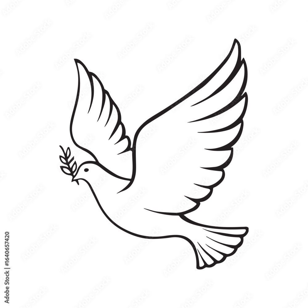 Fototapeta premium Dove of peace flying with an olive branch. Christian symbol of the Holy Spirit and hope. Black and white line art vector illustration, coloring page. 