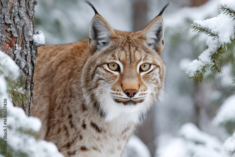 Fototapeta premium Eurasian lynx staring in snowy forest habitat