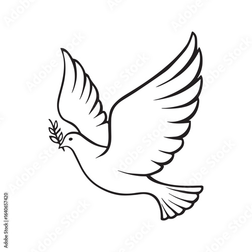 Dove of peace flying with an olive branch. Christian symbol of the Holy Spirit and hope. Black and white line art vector illustration, coloring page.
