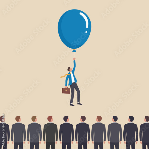 Vector art of a businessman flying away with a balloon while others are staying behind