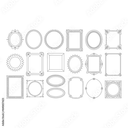 Collection of twenty vintage picture frames on white background