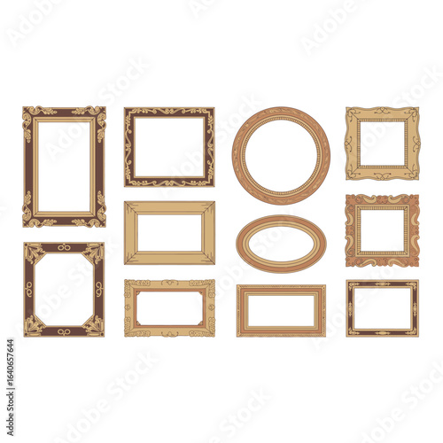 Collection of twelve vintage picture frames on white background