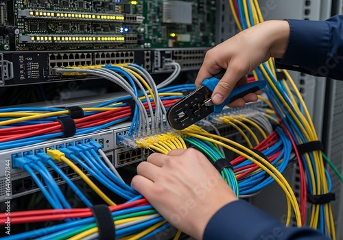 IT technician crimping a network cable on a patch panel in a data center server rack.