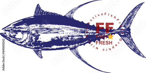 Dynamic blue salmon fish illustration. Bold line art, perfect for fishing apparel, sports logos, seafood restaurant branding. High-quality vector.