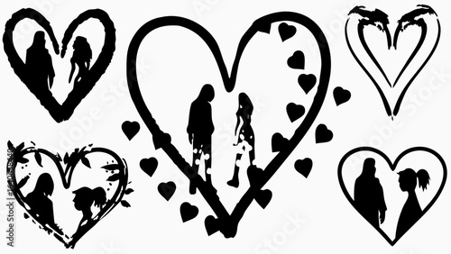 Black and white illustration of couples inside hearts with various styles and heart decorations around them