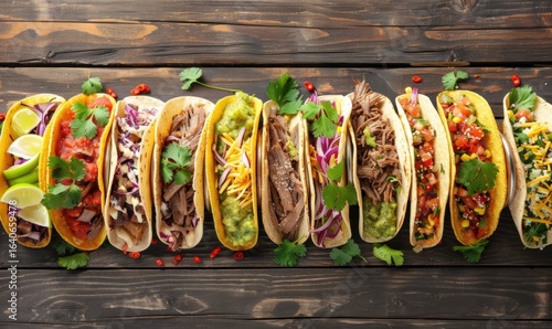 Overhead view of various tacos with meats and toppings on wooden boards