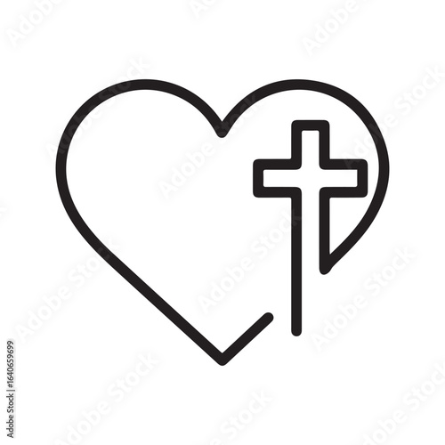 Christian cross and heart line icon. Religious symbol of God's love, faith, and salvation.
