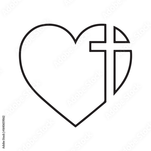 Christian cross and heart line icon. Religious symbol of God's love, faith, and salvation.
