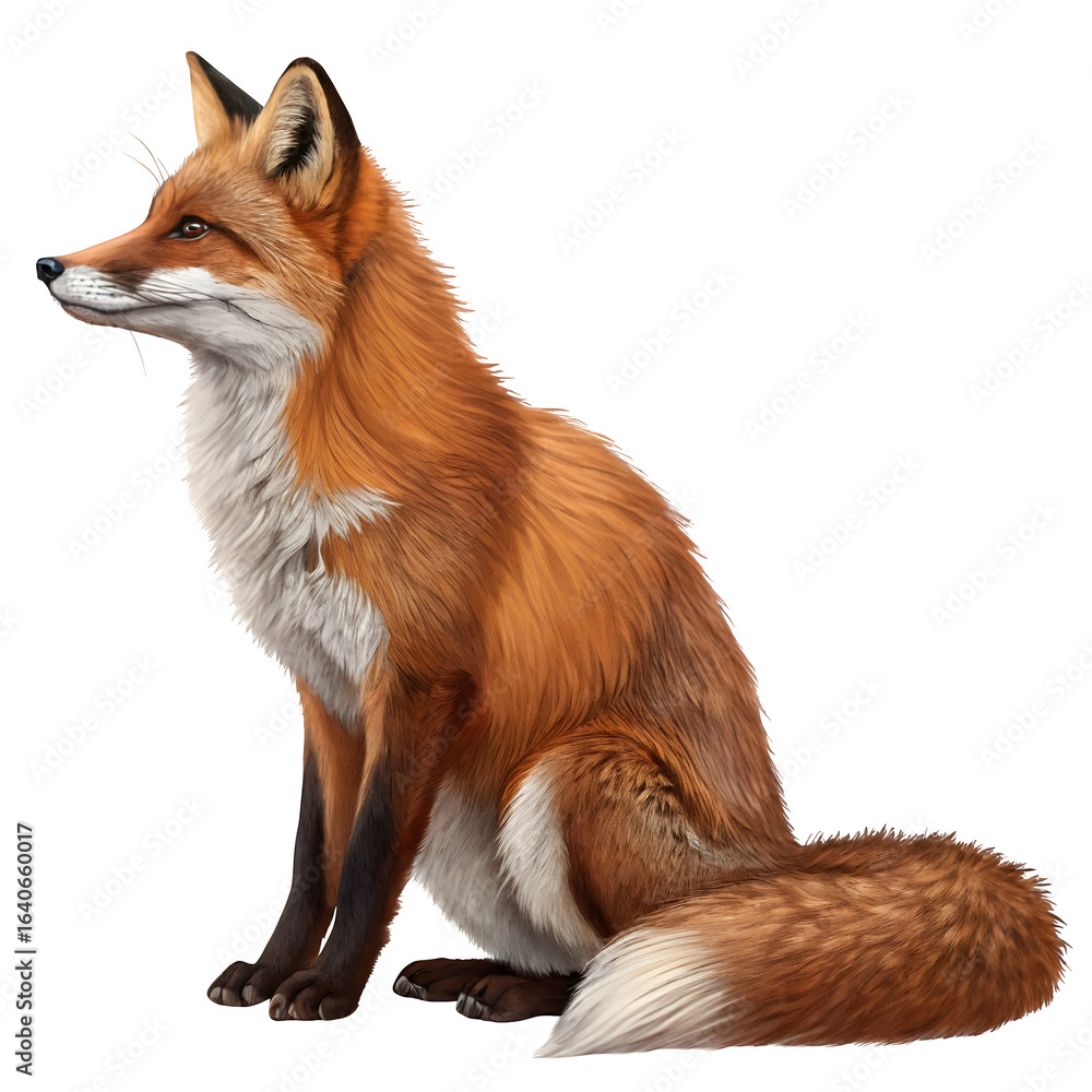 Fototapeta premium Red fox sitting isolated on transparent background, a beautiful and cunning creature