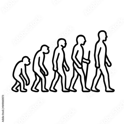 A striking black outline illustration depicts the iconic linear progression of human evolution from ape-like ancestors to modern Homo sapiens on a clean white background.