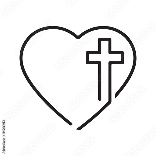 Christian cross and heart line icon. Religious symbol of God's love, faith, and salvation.
