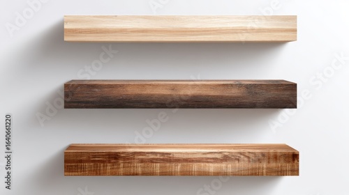 Three wooden floating shelves of varying colors and grains on a clean white wall for product display