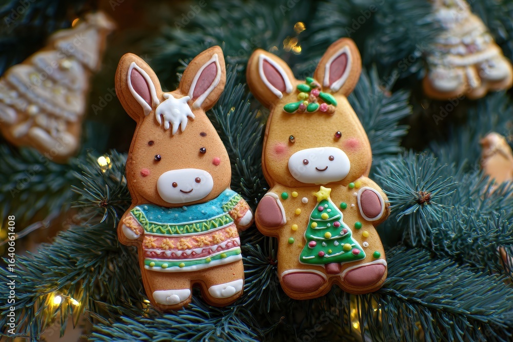Fototapeta premium Christmas Donkey. Color Image of Horizontal Baked Rabbit Character in Celebration Mood with Christmas Tree Cookies